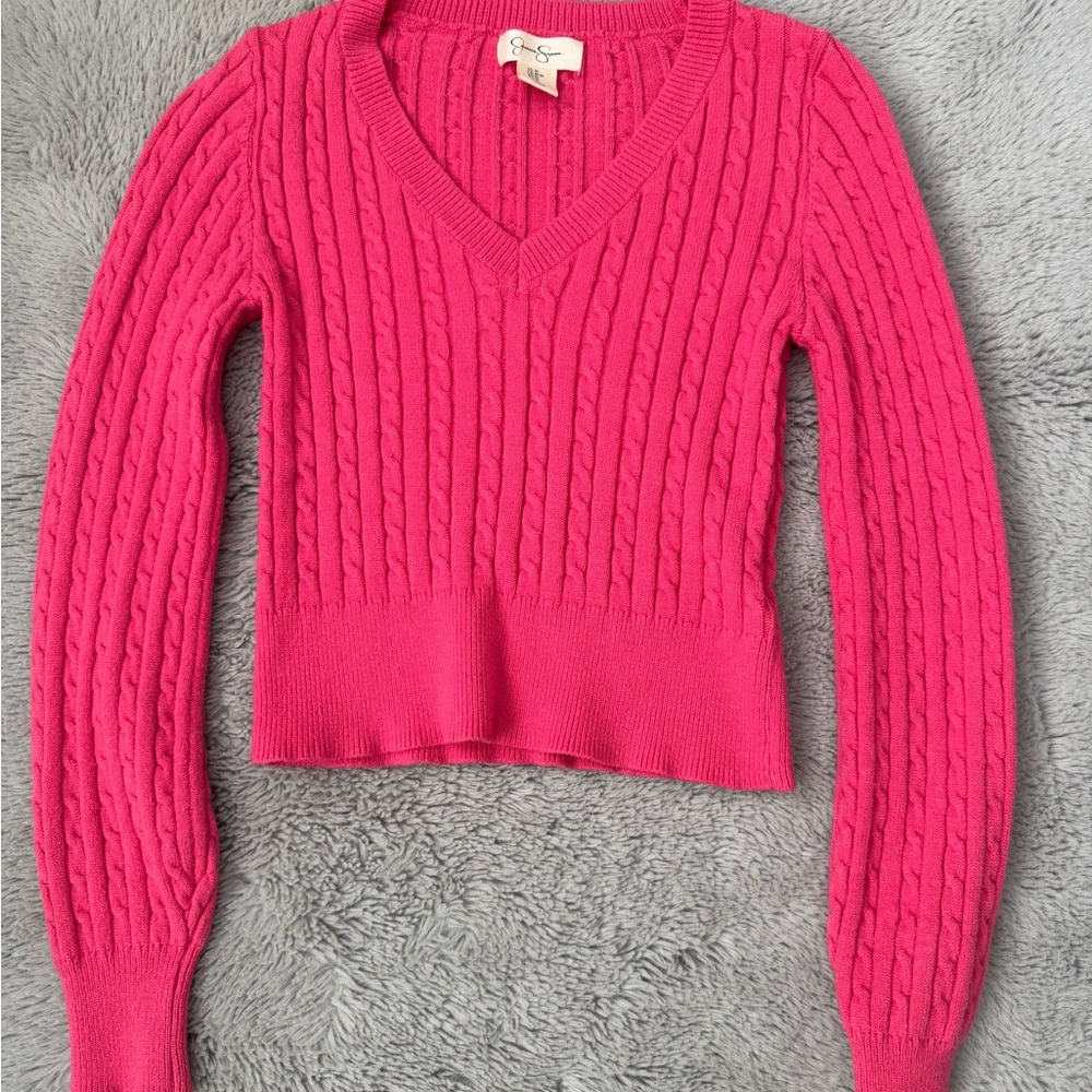 Jessica Simpson Pink V-Neck Cable Knit Sweater